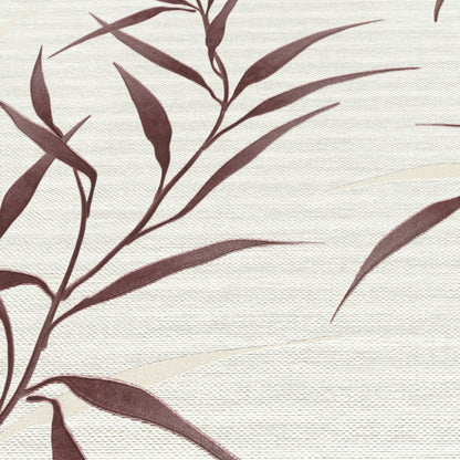 Red wallpaper featuring a leafy vine pattern; nature-inspired, transitional design.