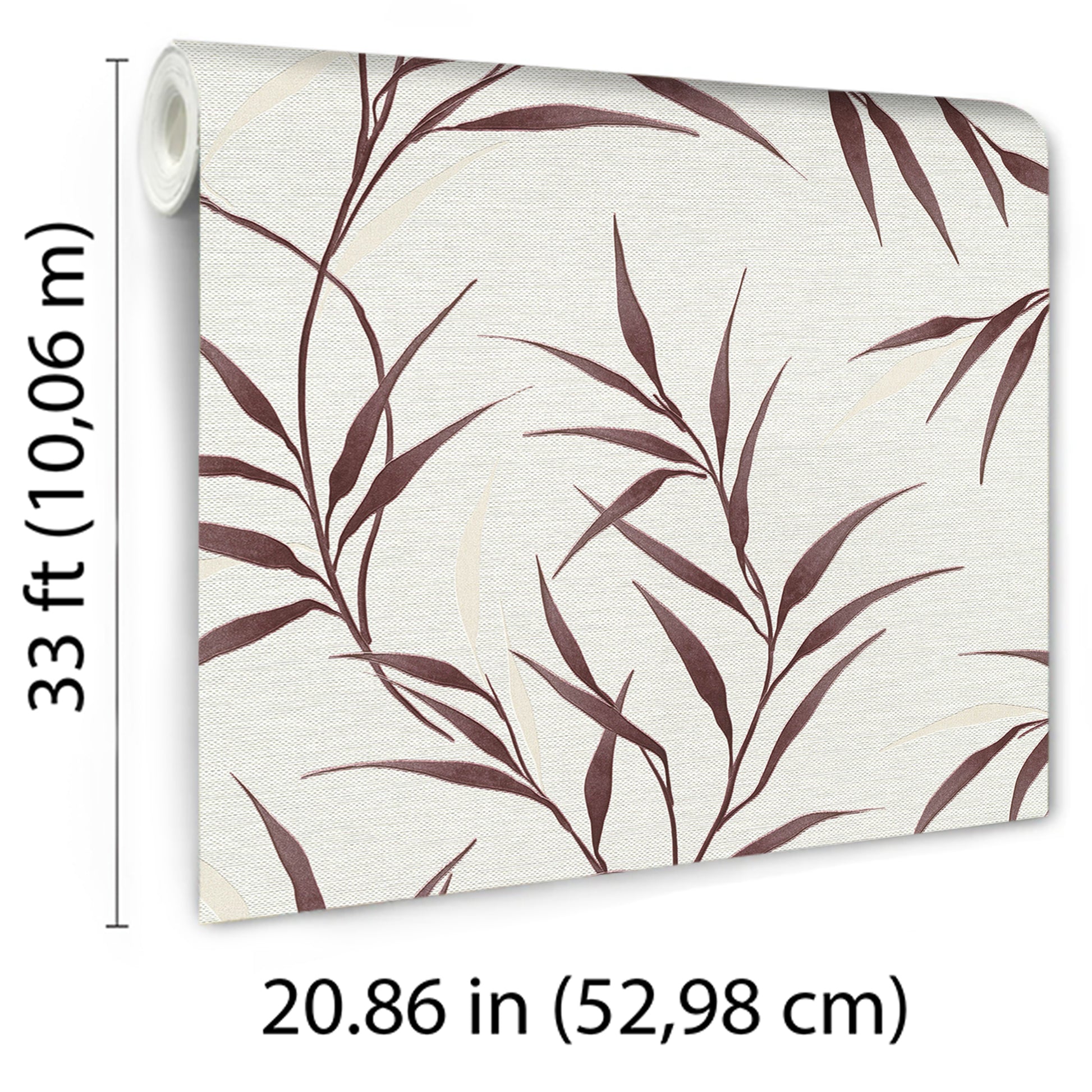 Rolled wallpaper panel: 33 ft long, 20.86 in wide, red leaf pattern wallpaper.
