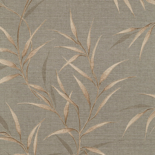 Brown wallpaper with bamboo-like leaves and slender branches.
