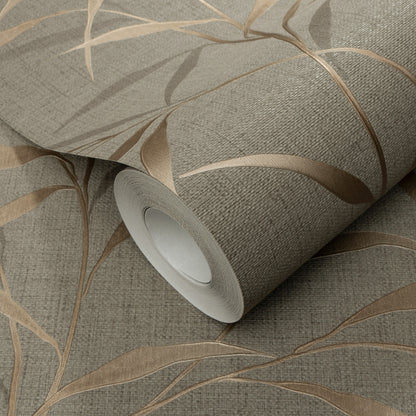 Roll of brown wallpaper with a linen-like texture and botanical leaf pattern.