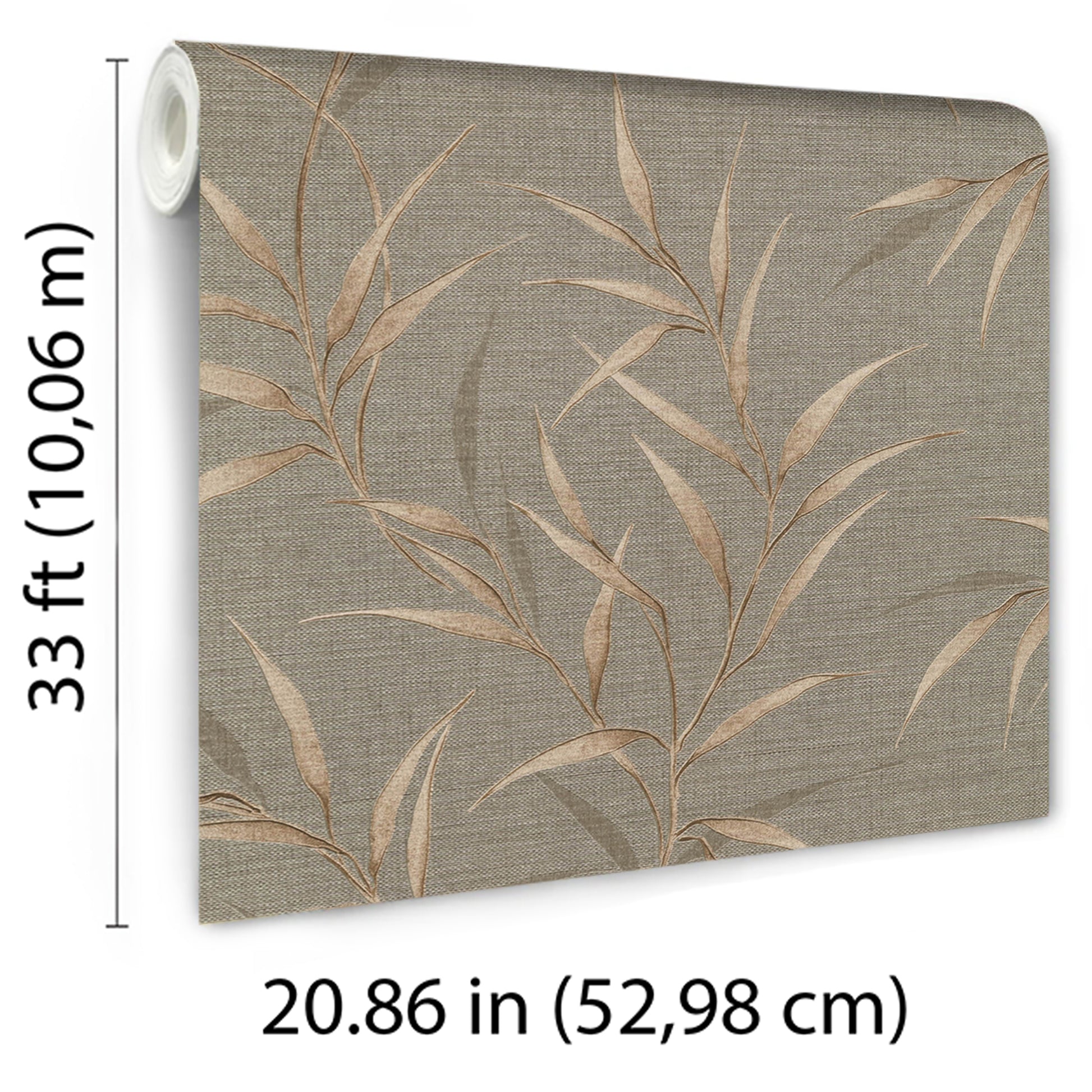 Brown leaf wallpaper with a natural botanical pattern on a neutral background; rolled sample, 52.98 cm wide, 33 ft long.