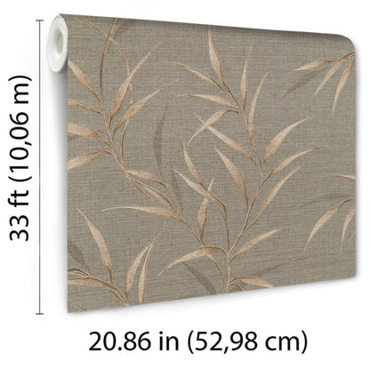 Brown leaf wallpaper with a natural botanical pattern on a neutral background; rolled sample, 52.98 cm wide, 33 ft long.