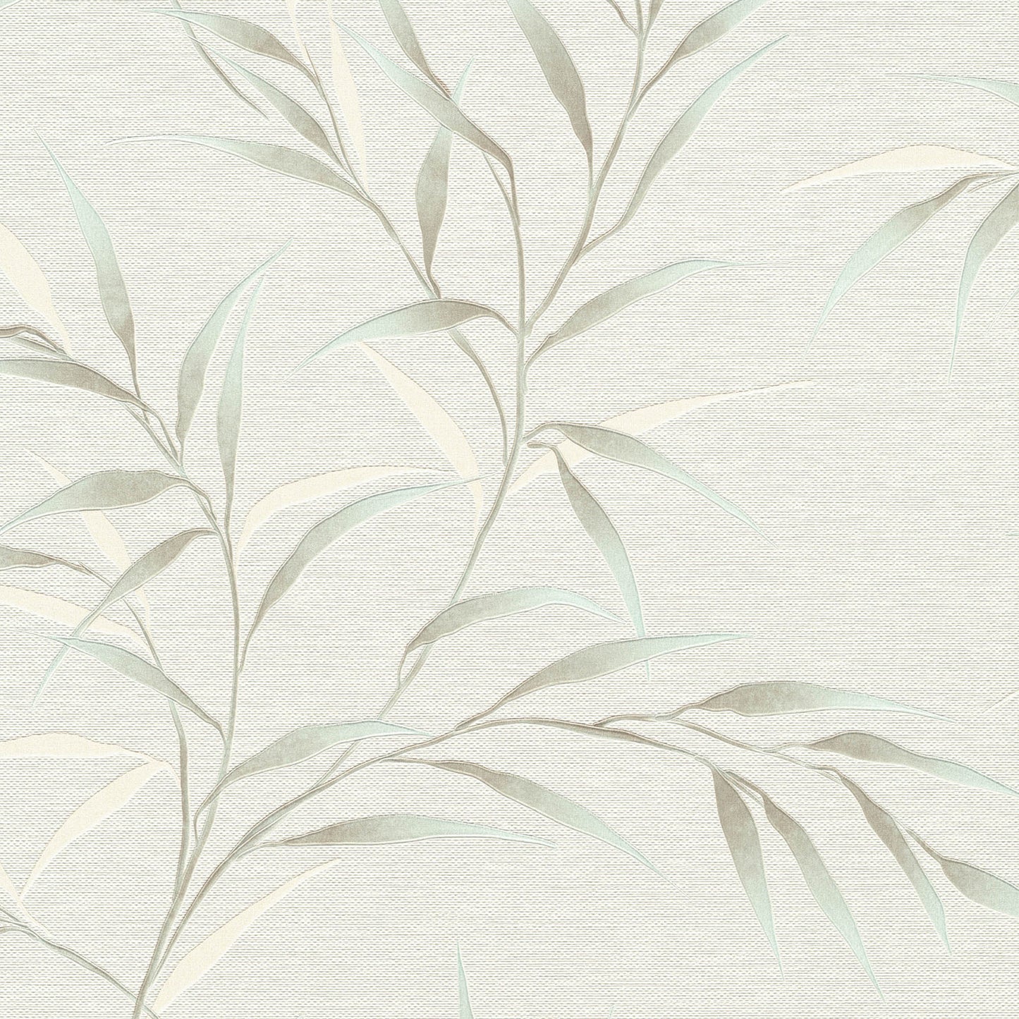 Teal Yamato Leaves wallpaper featuring teal leaves on a beige linen-textured background.