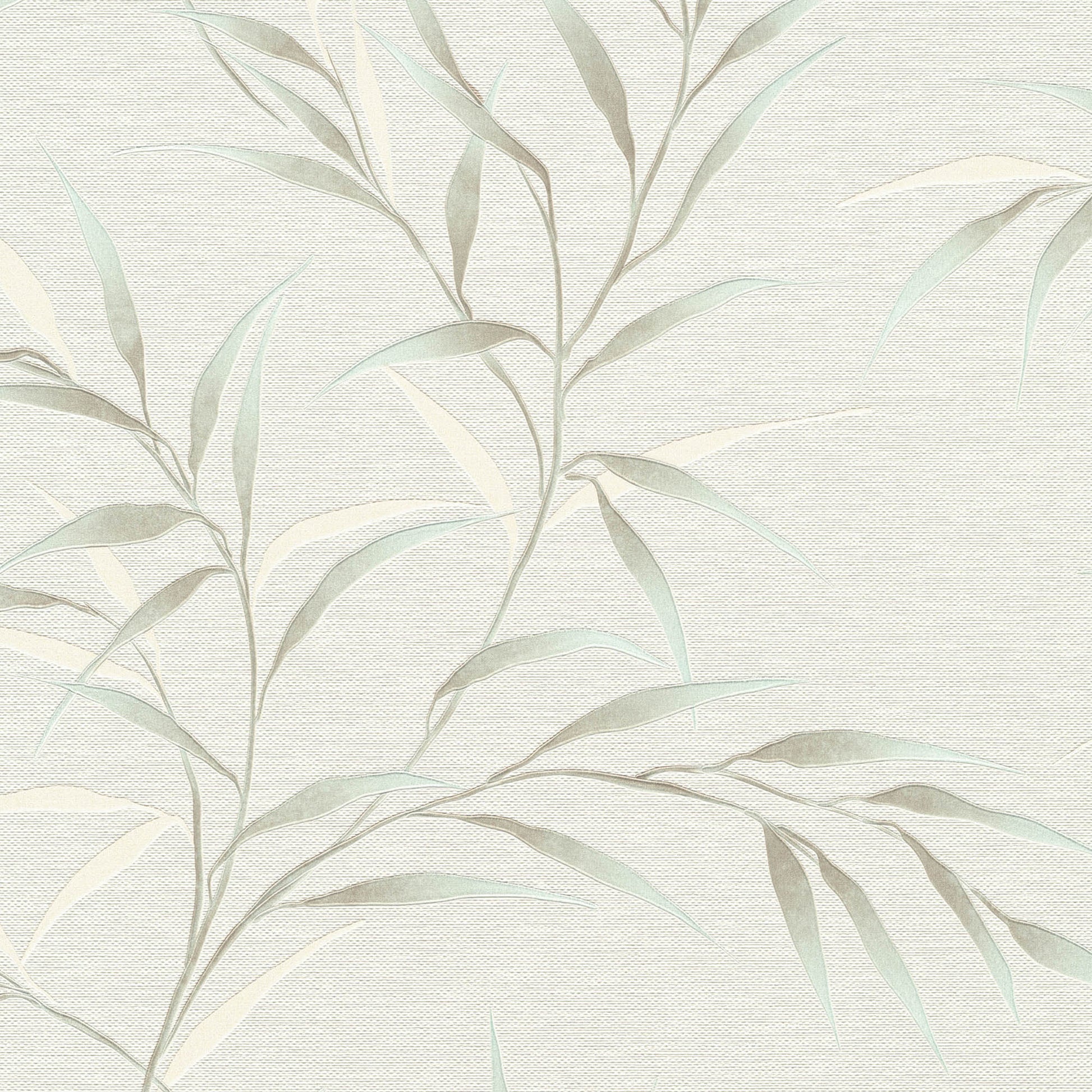 Teal Yamato Leaves wallpaper featuring teal leaves on a beige linen-textured background.