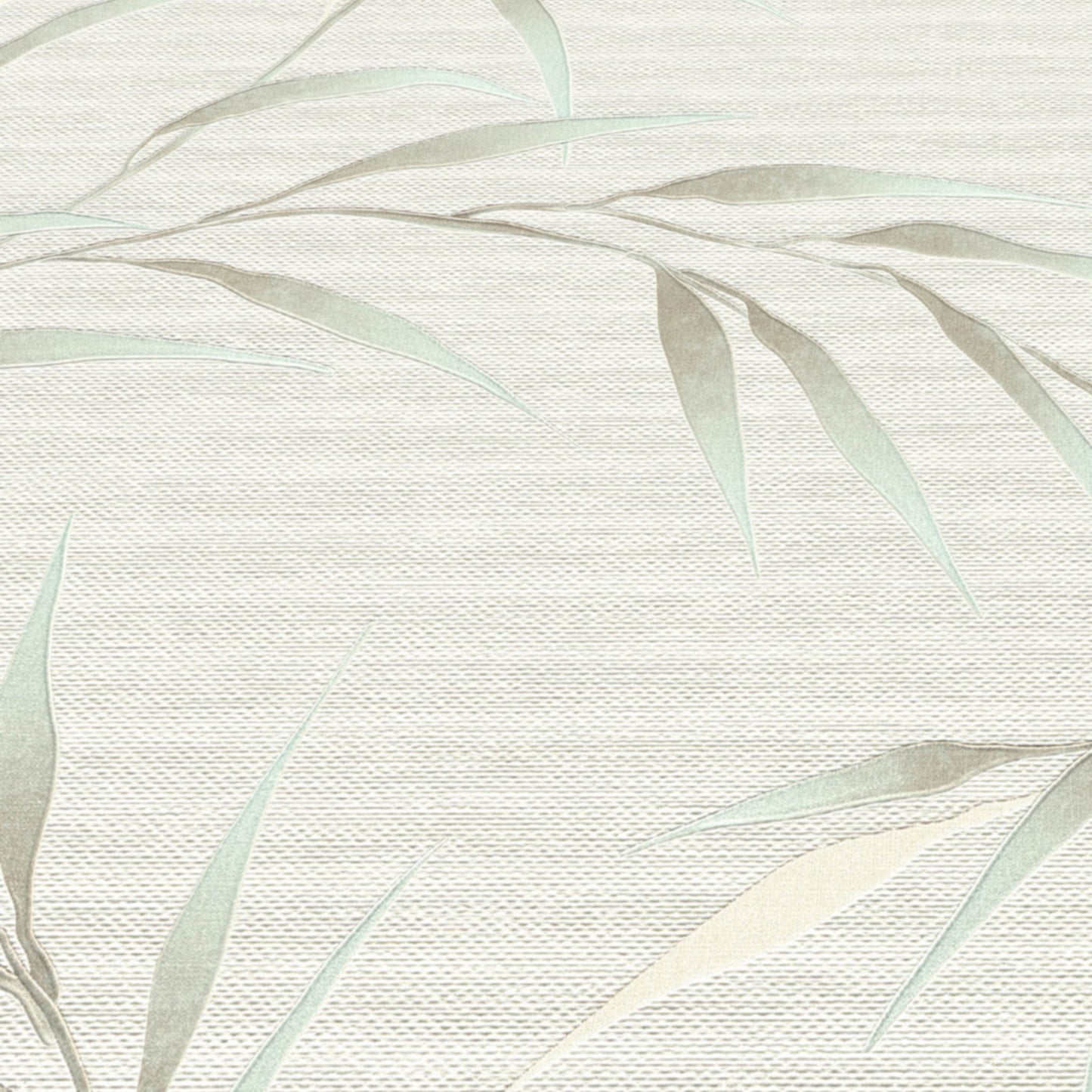 Teal leaf wallpaper with a subtle linen texture.