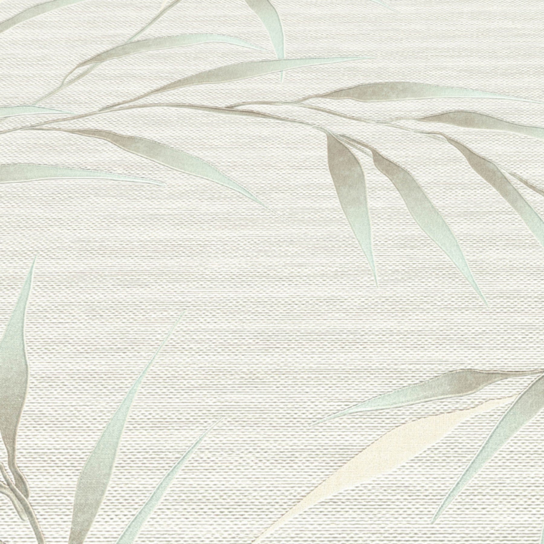 Teal leaf wallpaper with a subtle linen texture.