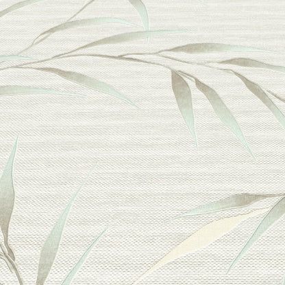 Teal leaf wallpaper with a subtle linen texture.