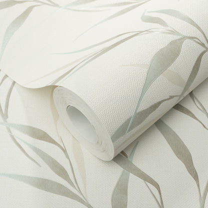 Roll of teal leaves botanical wallpaper on a white linen-textured backdrop.