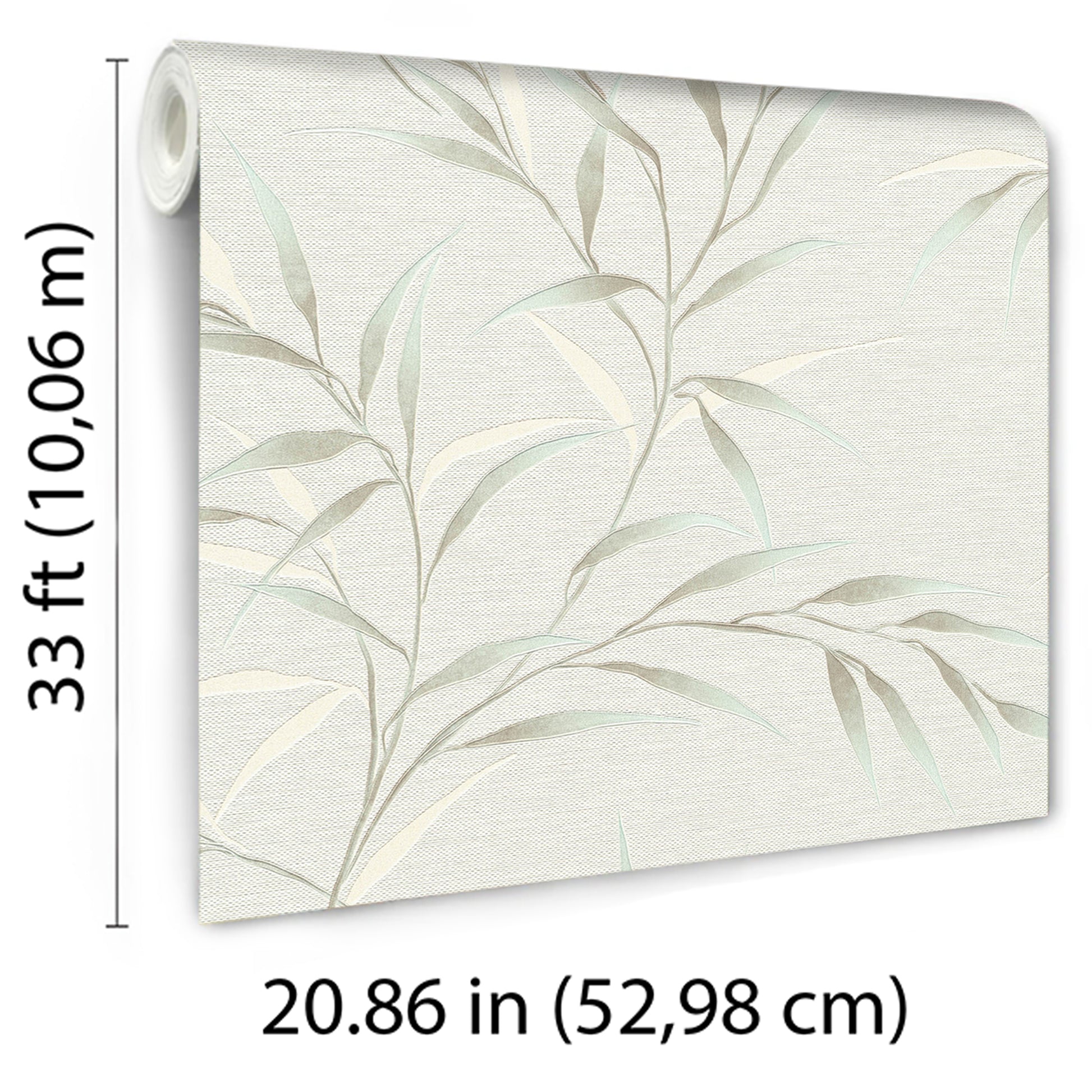 Roll of teal botanical wallpaper with leaves on a cream textured background; linen-like finish.