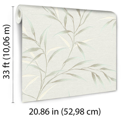 Roll of teal botanical wallpaper with leaves on a cream textured background; linen-like finish.