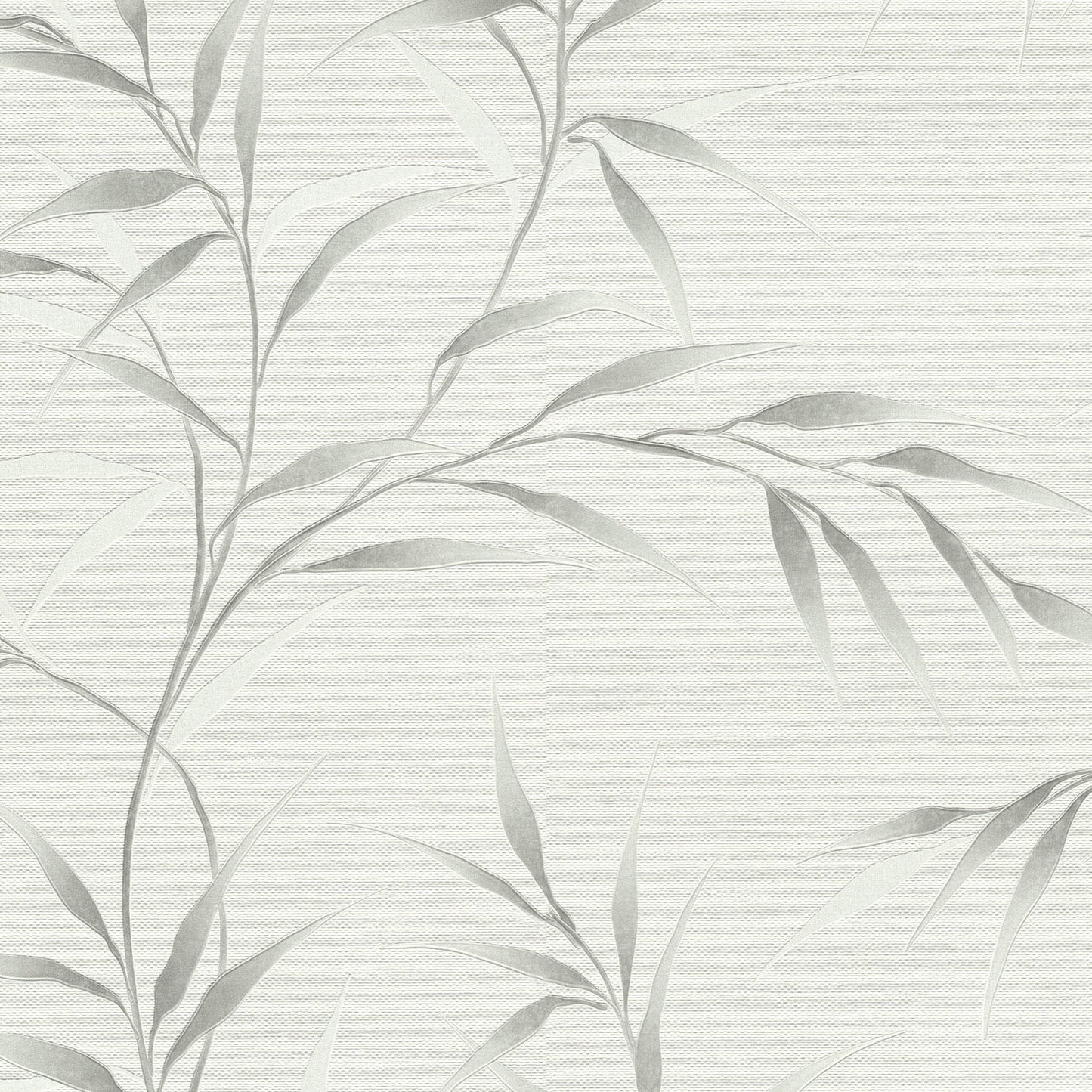 Soft gray botanical wallpaper with pale leaves and linen-like texture; modern decorative wallpaper.