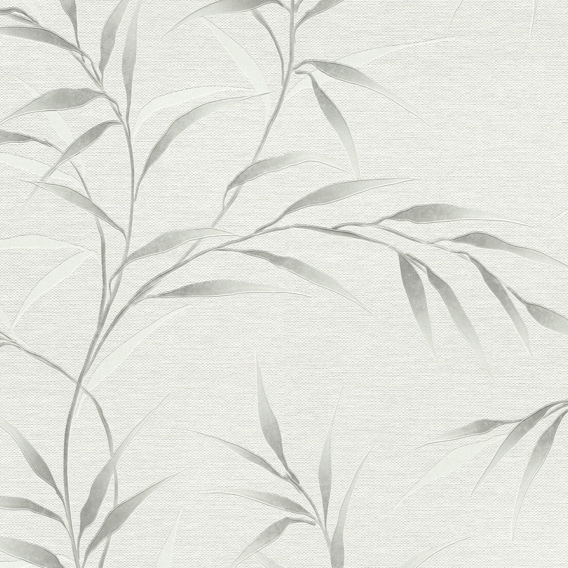 Soft gray botanical wallpaper with pale leaves and linen-like texture; modern decorative wallpaper.