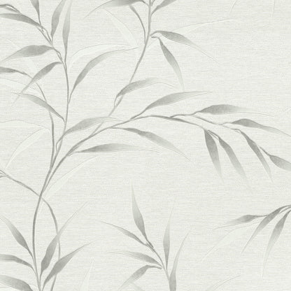 Soft gray botanical wallpaper with pale leaves and linen-like texture; modern decorative wallpaper.