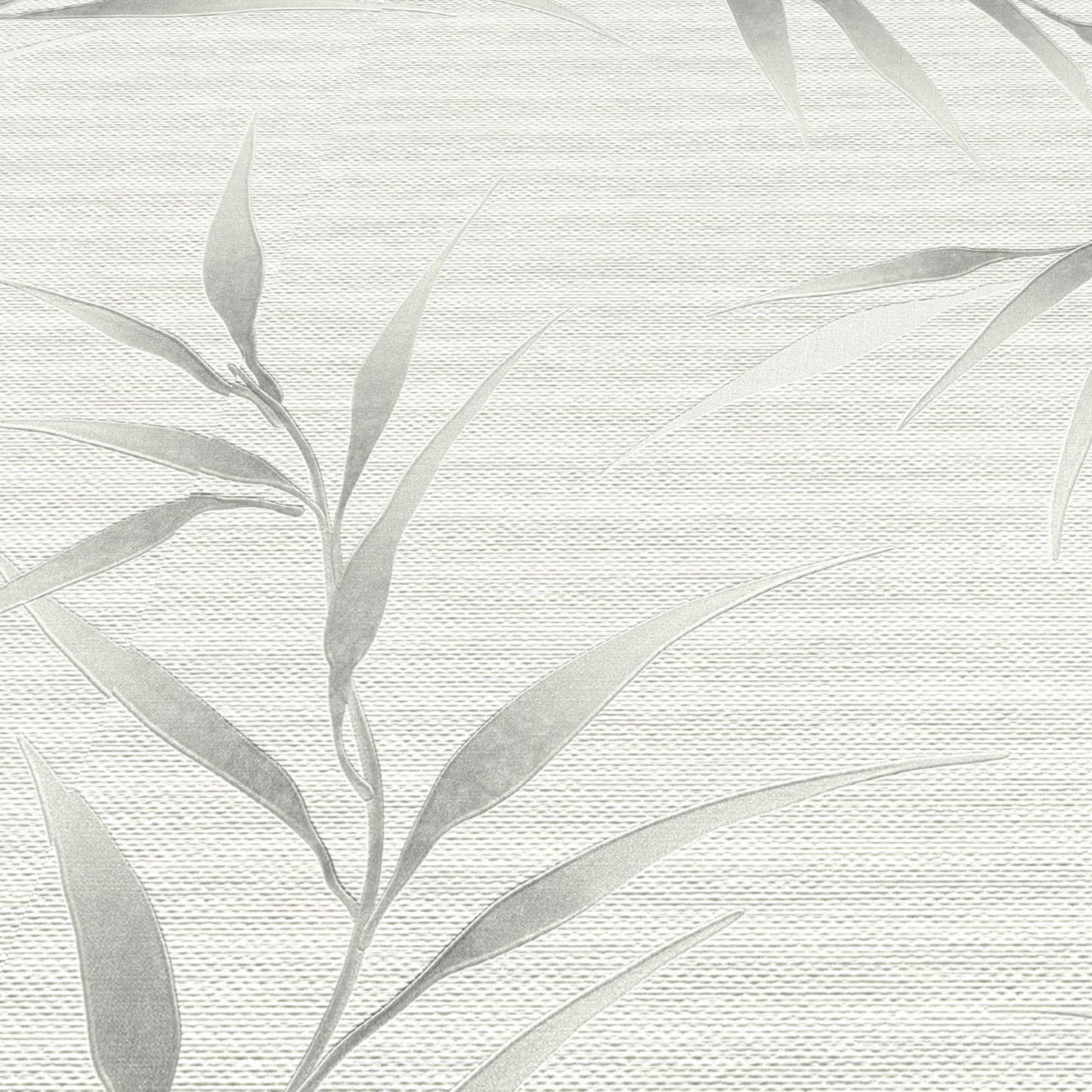 Soft gray bamboo-leaf wallpaper on a woven linen texture background.
