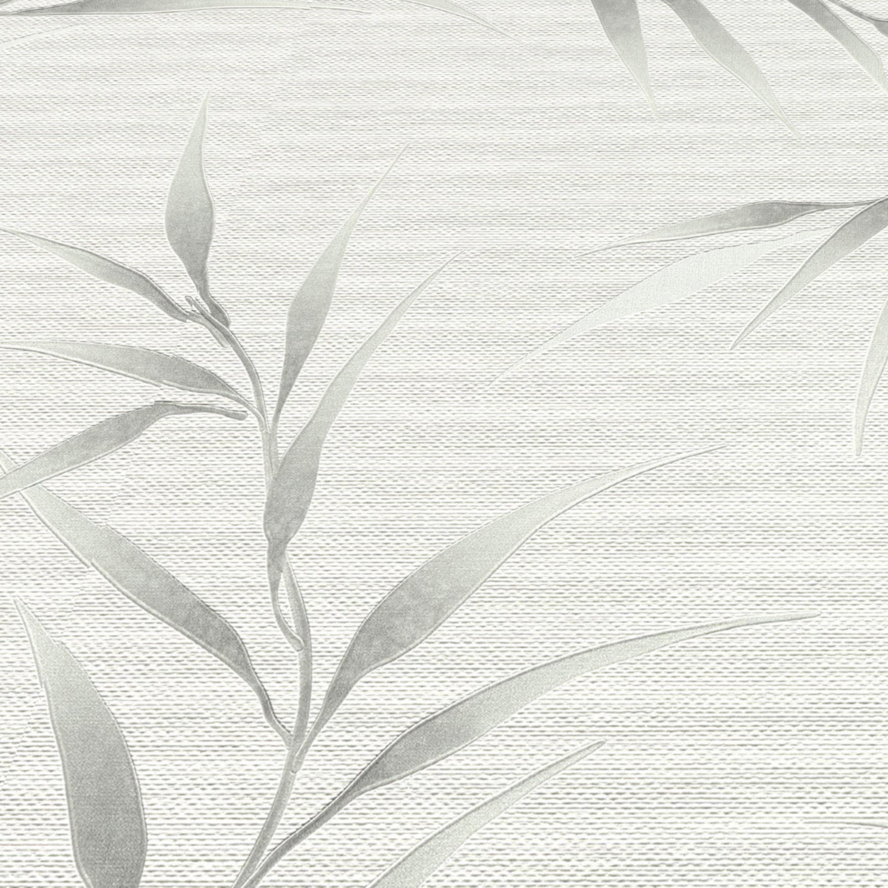 Soft gray bamboo-leaf wallpaper on a woven linen texture background.