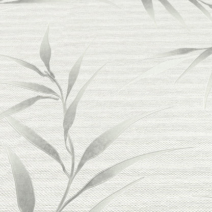 Soft gray bamboo-leaf wallpaper on a woven linen texture background.
