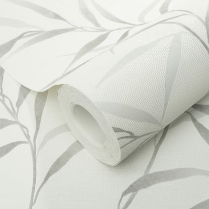 Roll of white wallpaper with light gray botanical leaf pattern; vinyl, textured, rolled up.