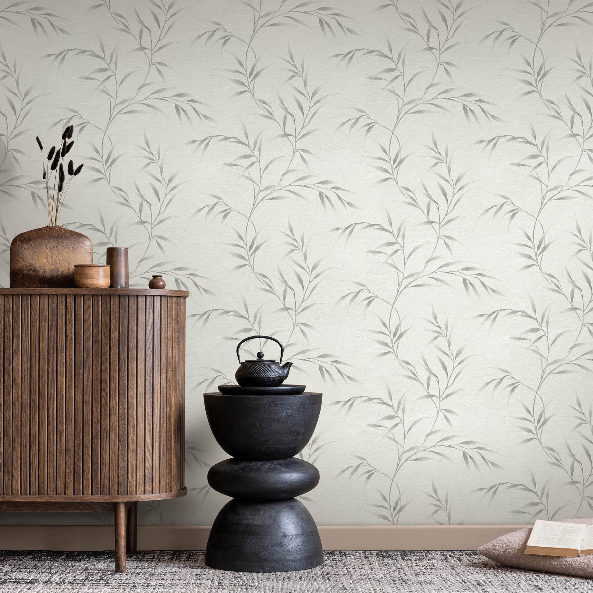 Neutral gray Yamato Leaves wallpaper with a nature-inspired leaf pattern.