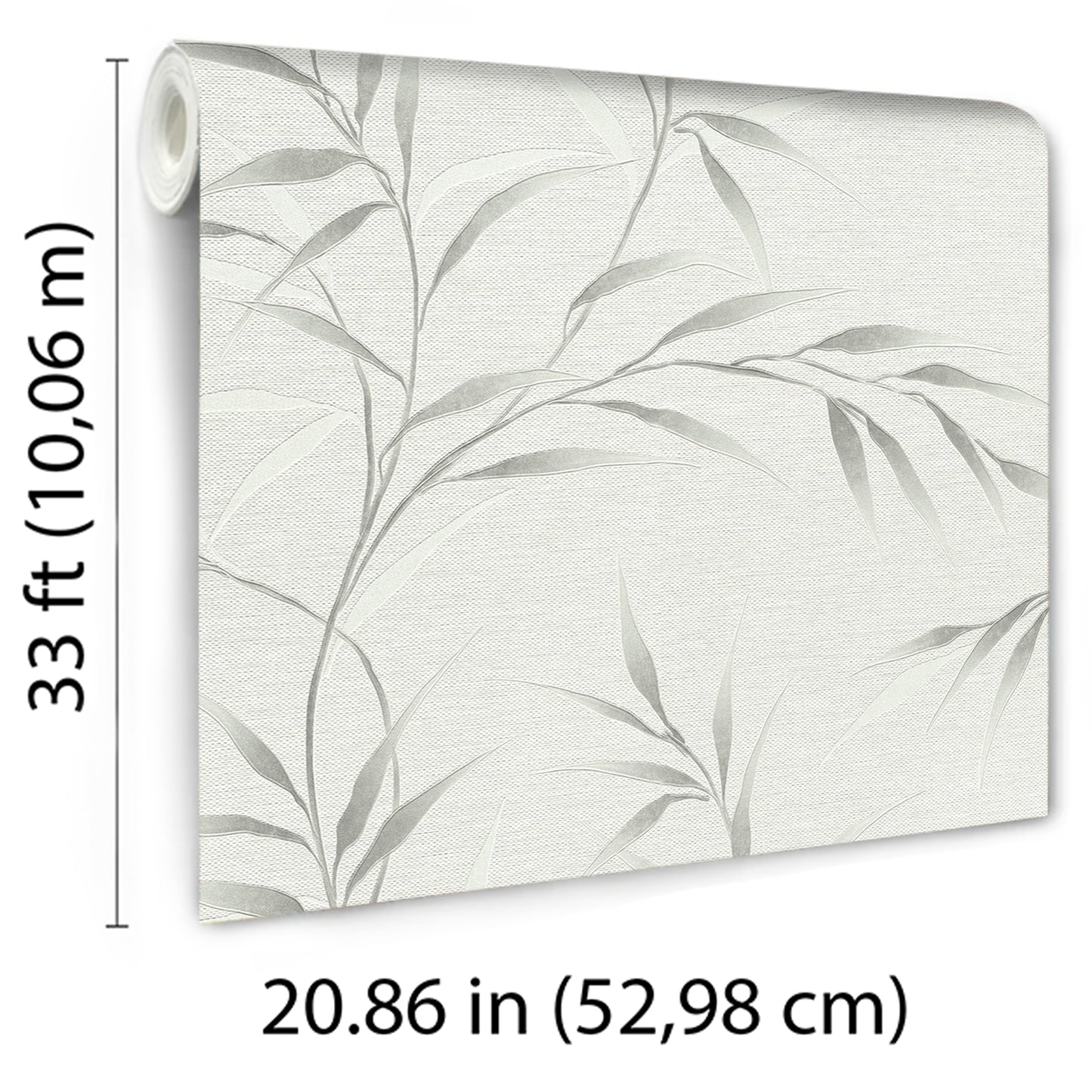 Rolled wallpaper sample with pale textured background and light gray botanical leaves; 33 ft long, 20.86 in wide.
