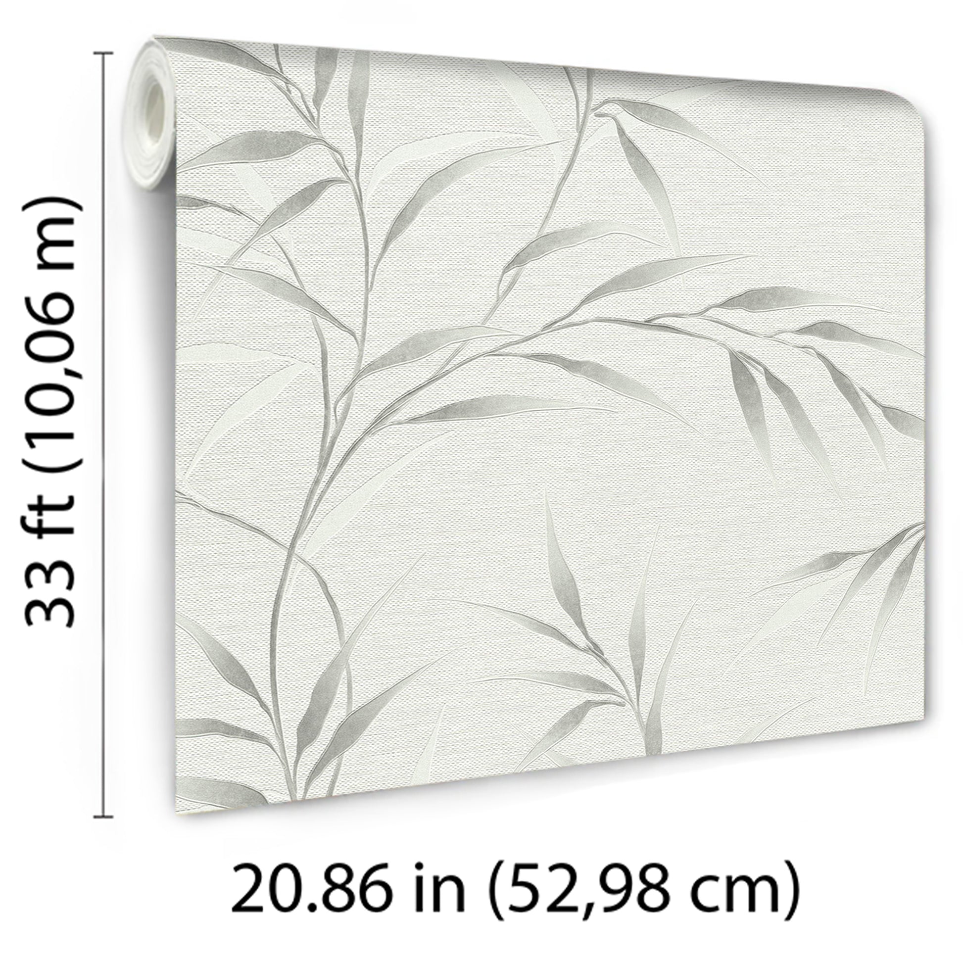 Rolled wallpaper sample with pale textured background and light gray botanical leaves; 33 ft long, 20.86 in wide.