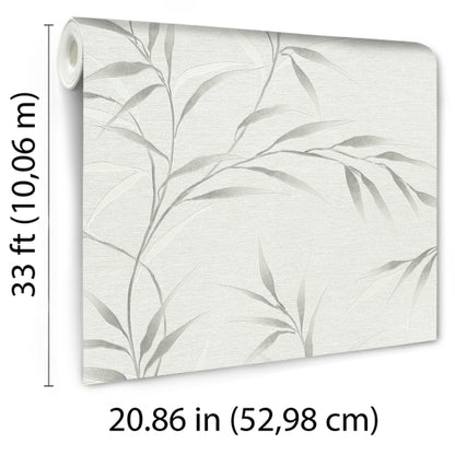 Rolled wallpaper sample with pale textured background and light gray botanical leaves; 33 ft long, 20.86 in wide.