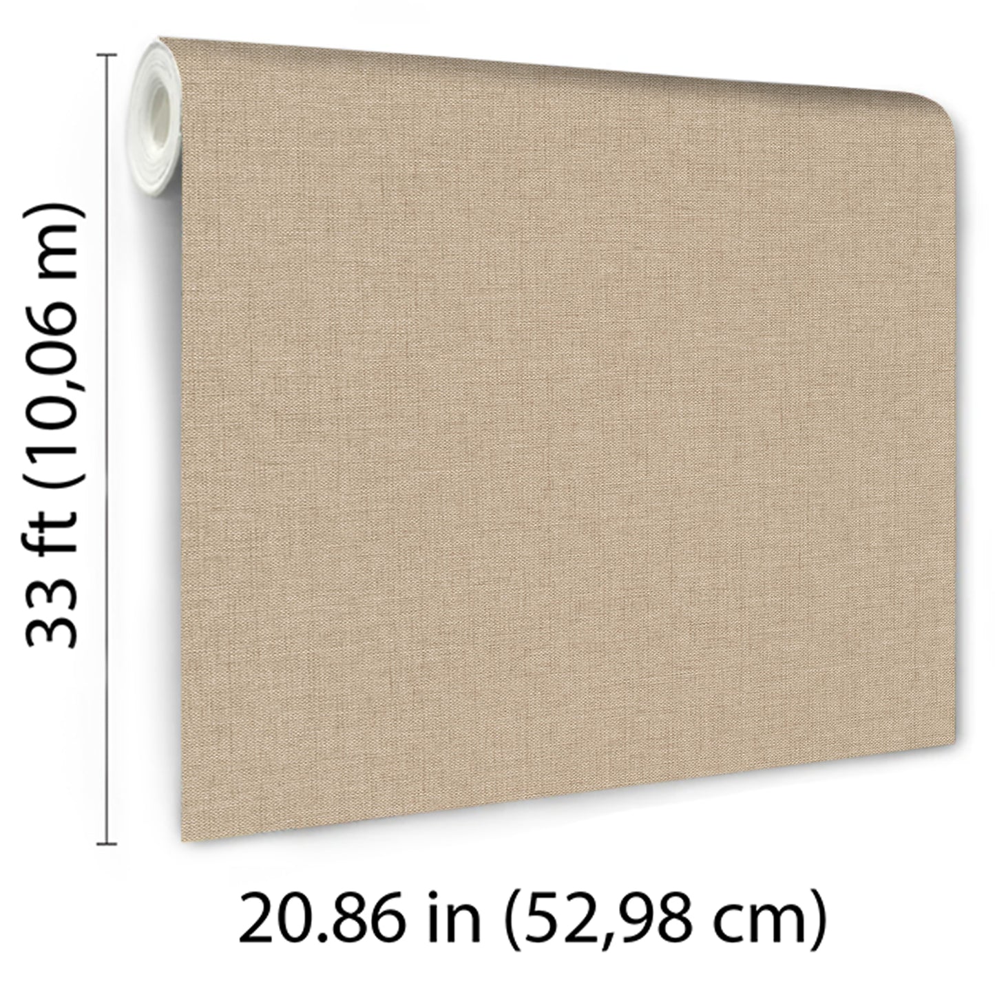Tan jute-texture wallpaper roll, partially unrolled; 33 ft long and 20.86 in wide.
