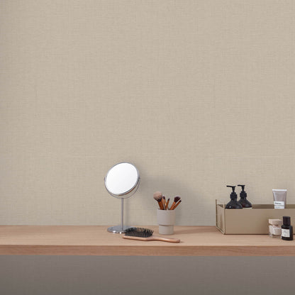 Taupe Echo jute-texture wallpaper with an abstract traditional pattern.