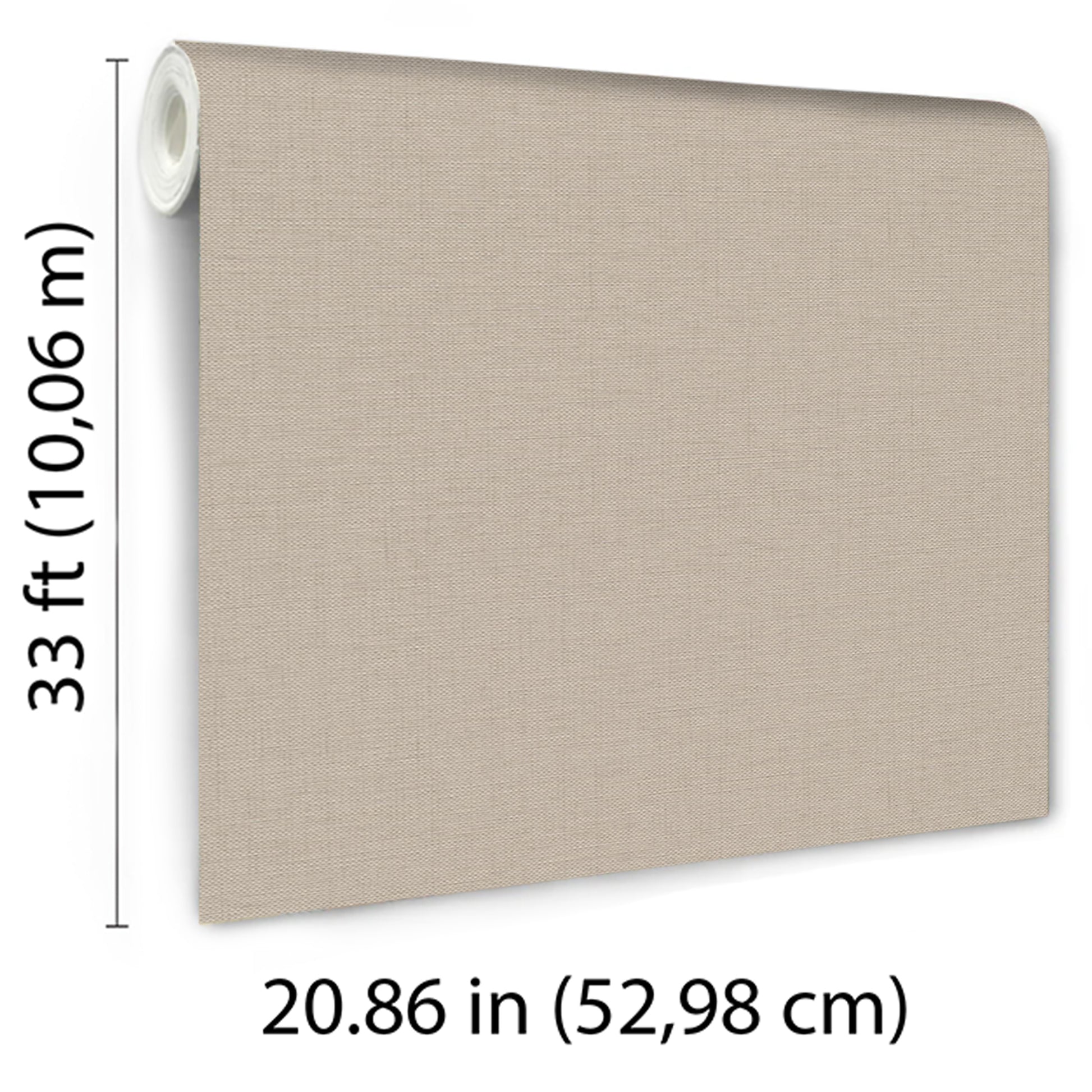 Beige taupe jute-textured wallpaper with a rolled left edge; rectangular decorative sheet.
