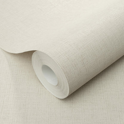 Beige wallpaper roll with a subtle jute-texture pattern on a cardboard core.