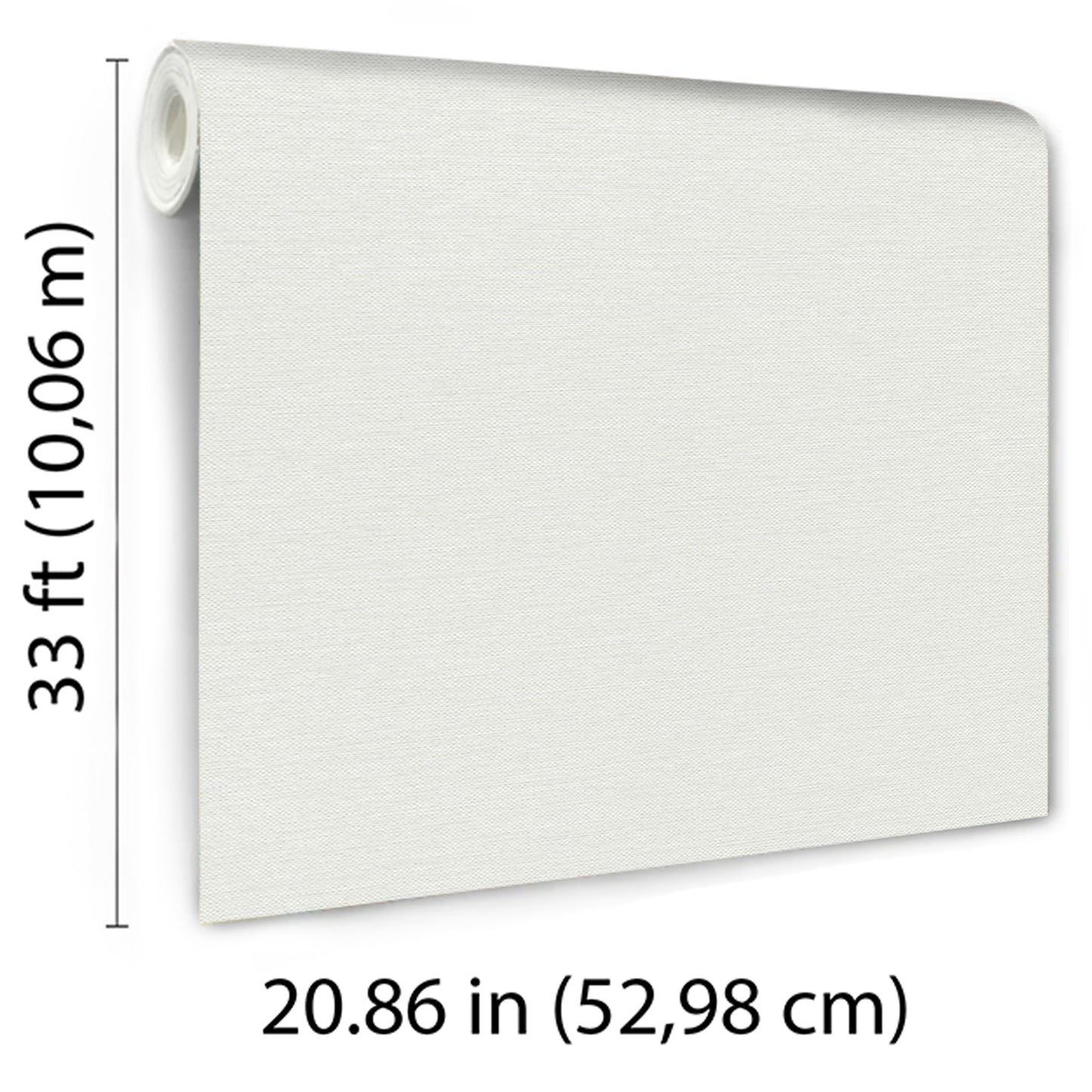 White jute-textured wallpaper roll with rolled edge, 33 ft long x 20.86 in wide (52.98 cm).