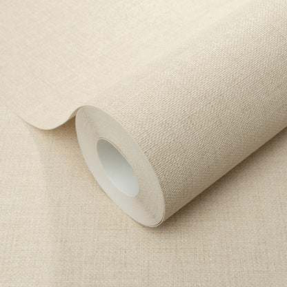Beige wallpaper roll with a woven canvas-like texture, rolled around a white core.