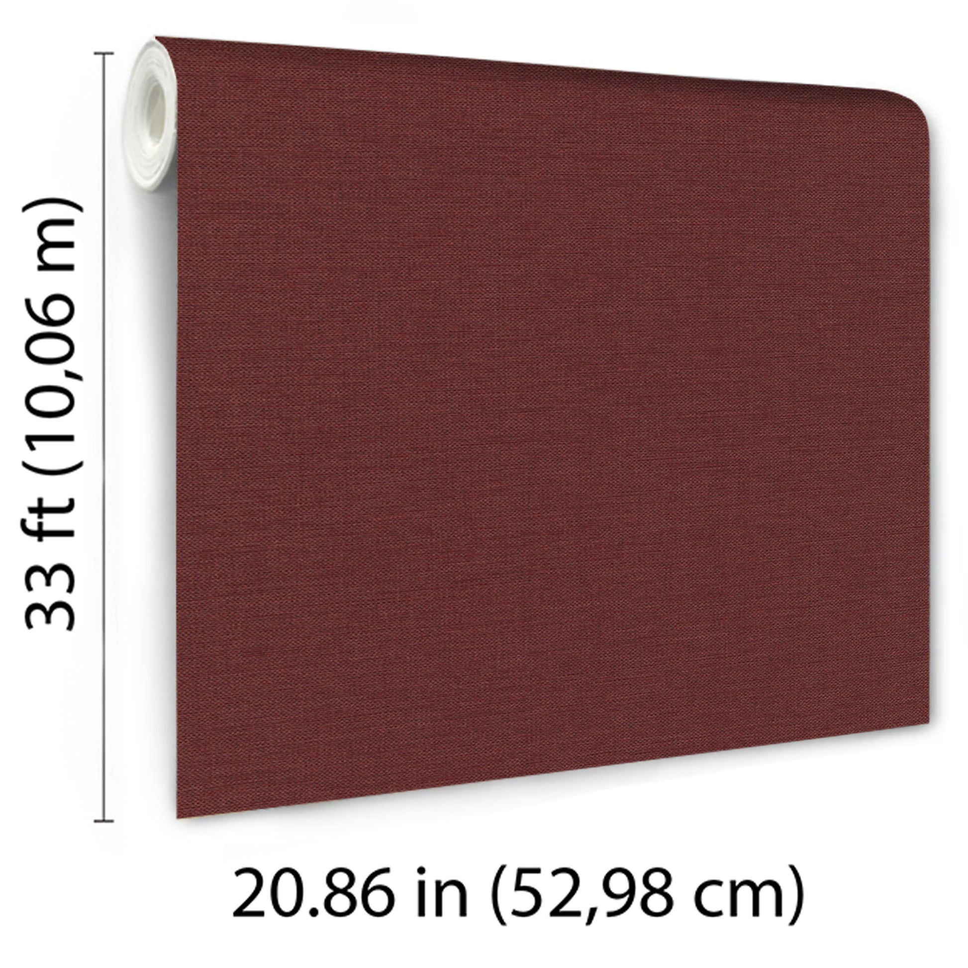 Red wallpaper roll with jute texture, on white core, 33 ft high by 20.86 in wide.