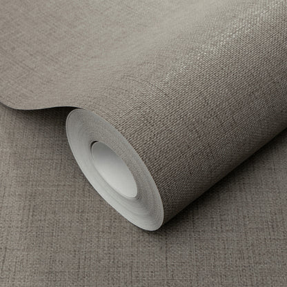 Rolled taupe-gray textured wallpaper with a woven linen pattern and fabric-like finish.