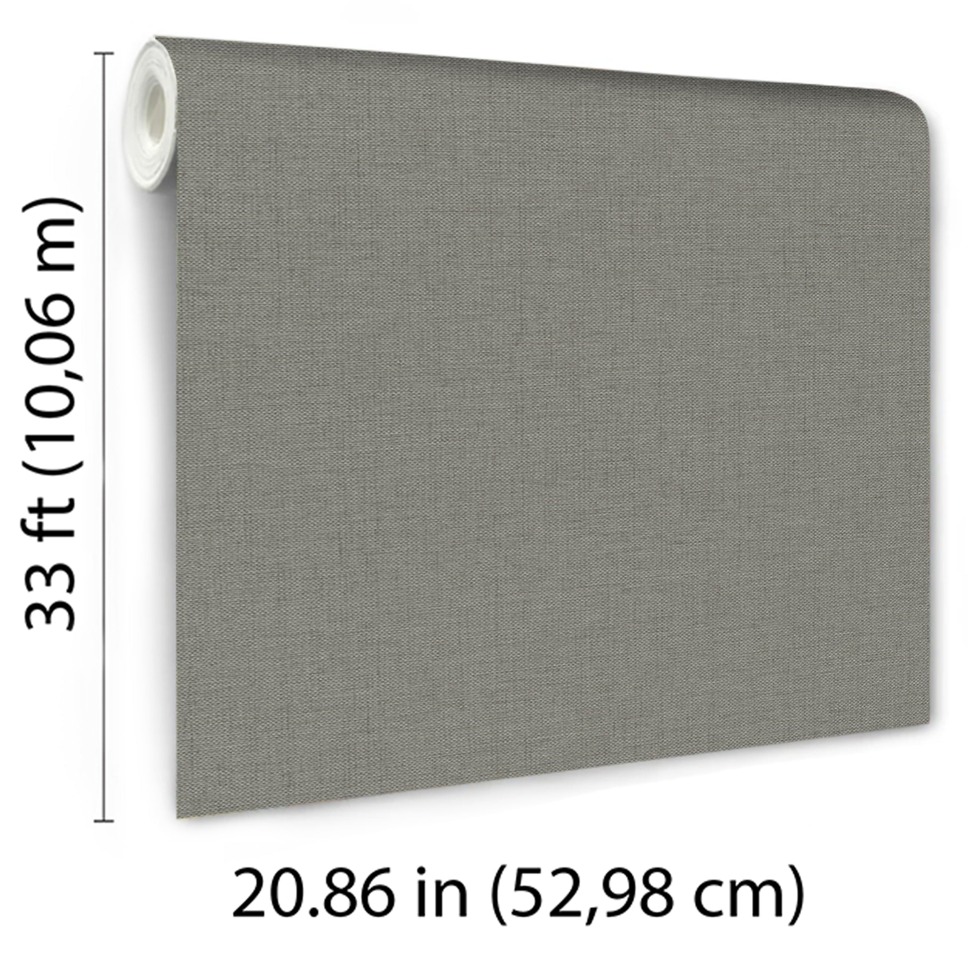 Grey linen-textured fabric wall panel, rolled left edge, rectangular decorative and acoustic panel for walls.