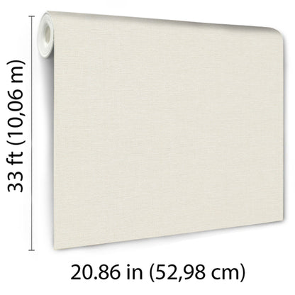 Cream textured wallpaper roll with jute texture; fabric-like weave, rolled edge, 20.86 in wide by 33 ft long