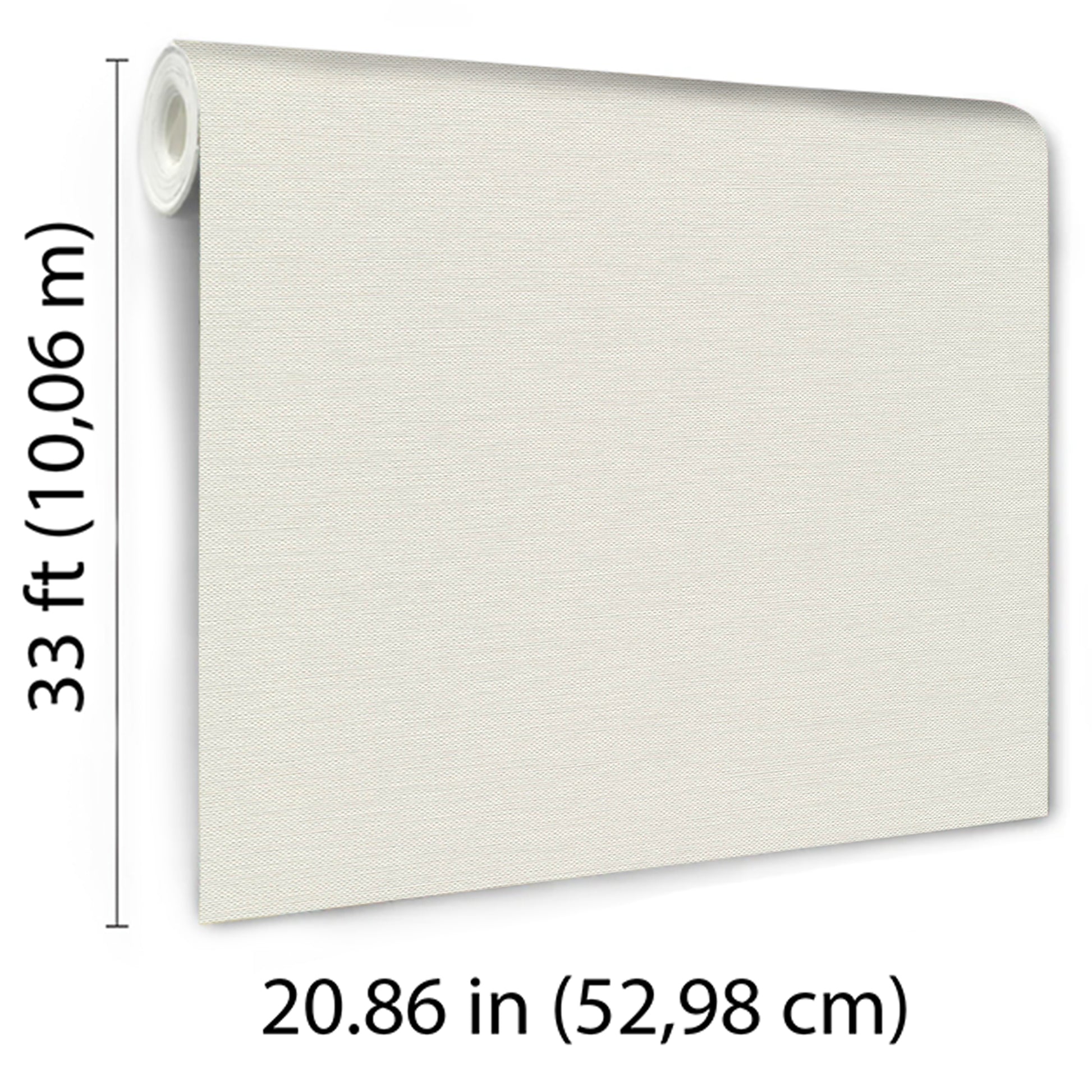 Off-white jute-textured wallpaper roll on a rectangular wall panel, 33 ft long by 20.86 in wide.