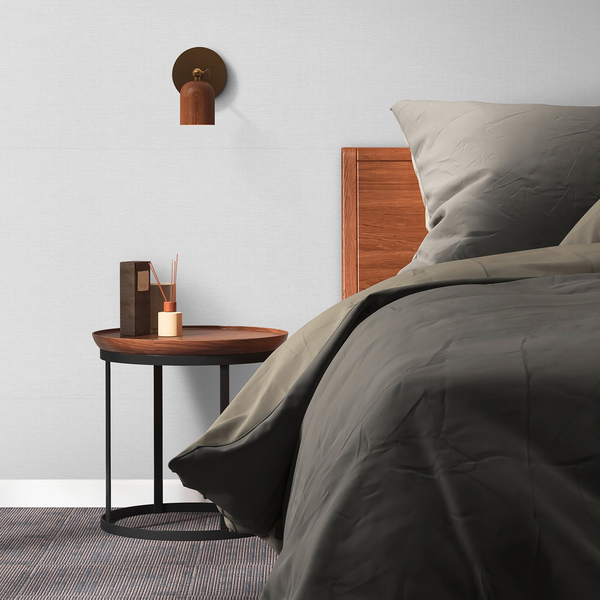 Gray wallpaper with a subtle jute texture and abstract traditional gray pattern.