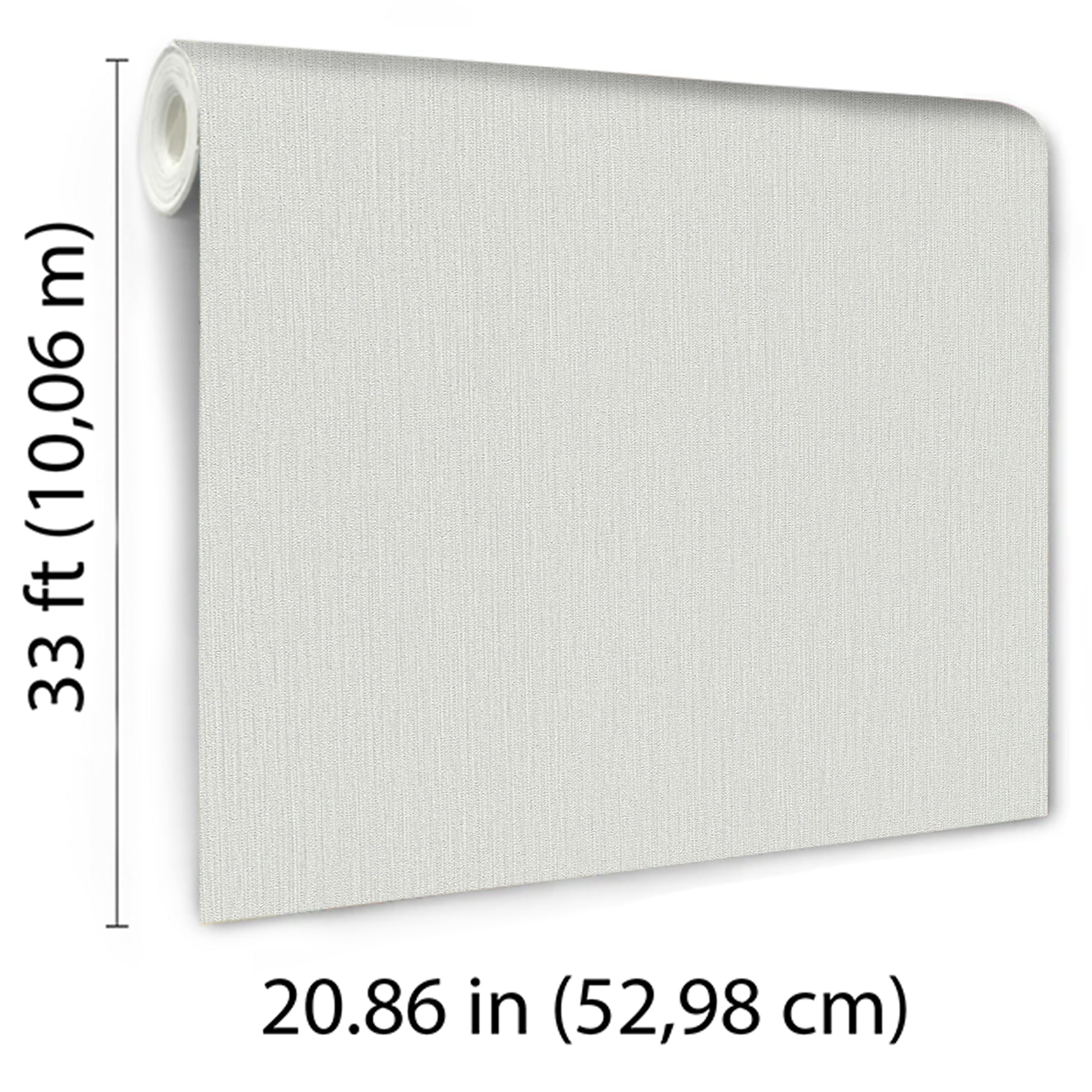 Gray textured wallpaper panel with roll edge, 52.98 cm wide by 10.06 m long (33 ft).