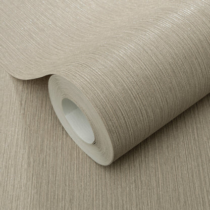 Beige textured wallpaper roll with subtle horizontal lines, partially unrolled to reveal paper core.