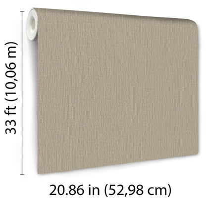 Beige linen-textured wallcovering roll with a tan fabric look; 33 ft long, 20.86 in wide.