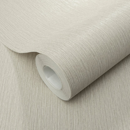 Cream-beige textured wallpaper roll with subtle vertical linear grain, rolled around a white core.