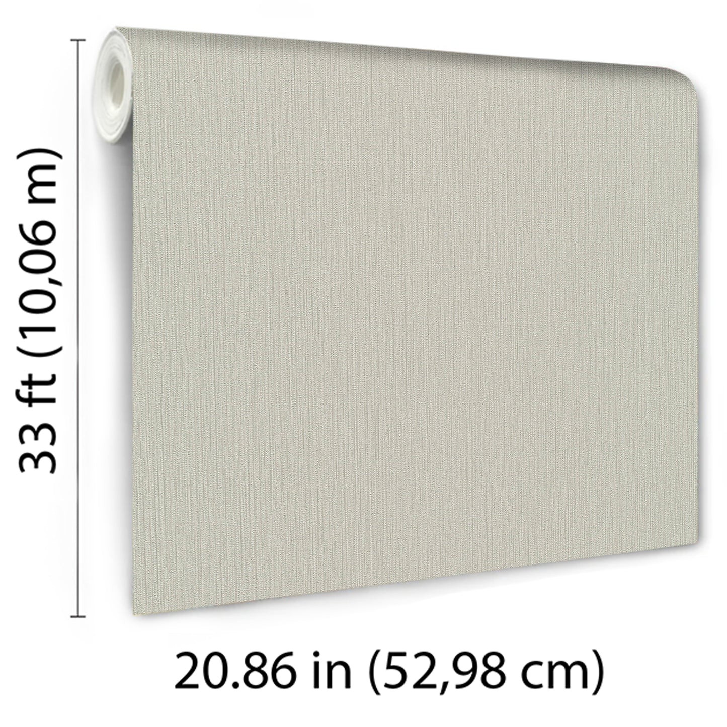 Beige linen-textured wallpaper with fabric-like finish; 33 ft roll, 20.86 in width.
