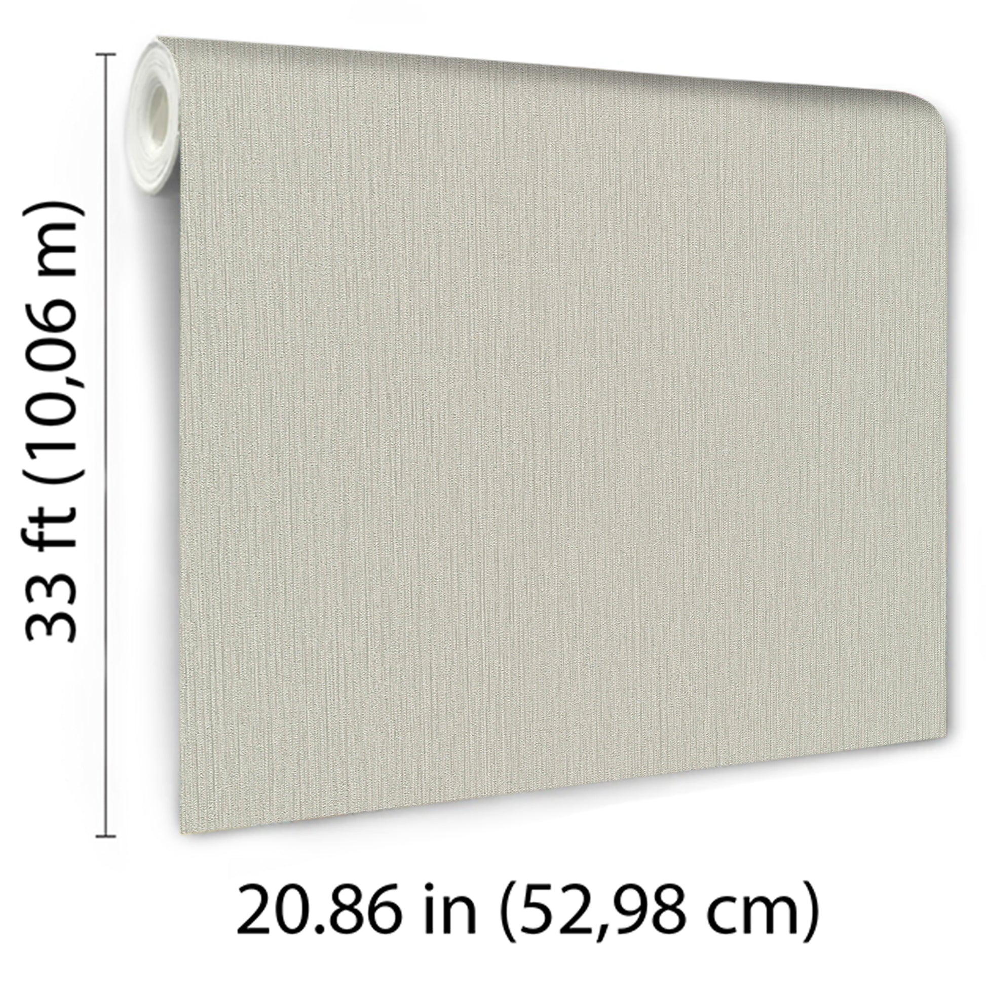 Beige linen-textured wallpaper with fabric-like finish; 33 ft roll, 20.86 in width.