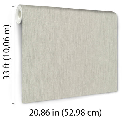 Beige linen-textured wallpaper with fabric-like finish; 33 ft roll, 20.86 in width.