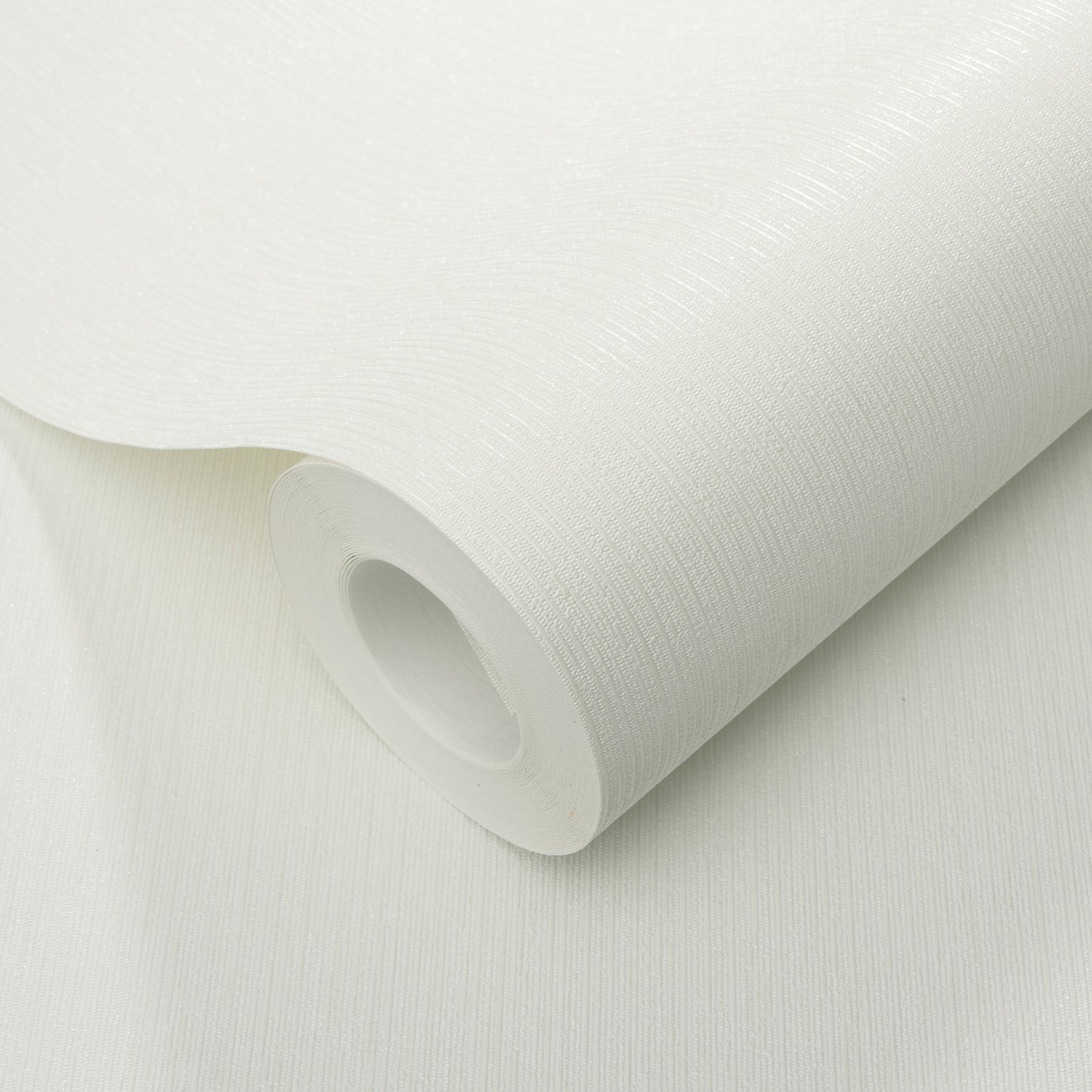 White textured wallpaper roll with fine linear pattern, rolled on a hollow core for wall decor.