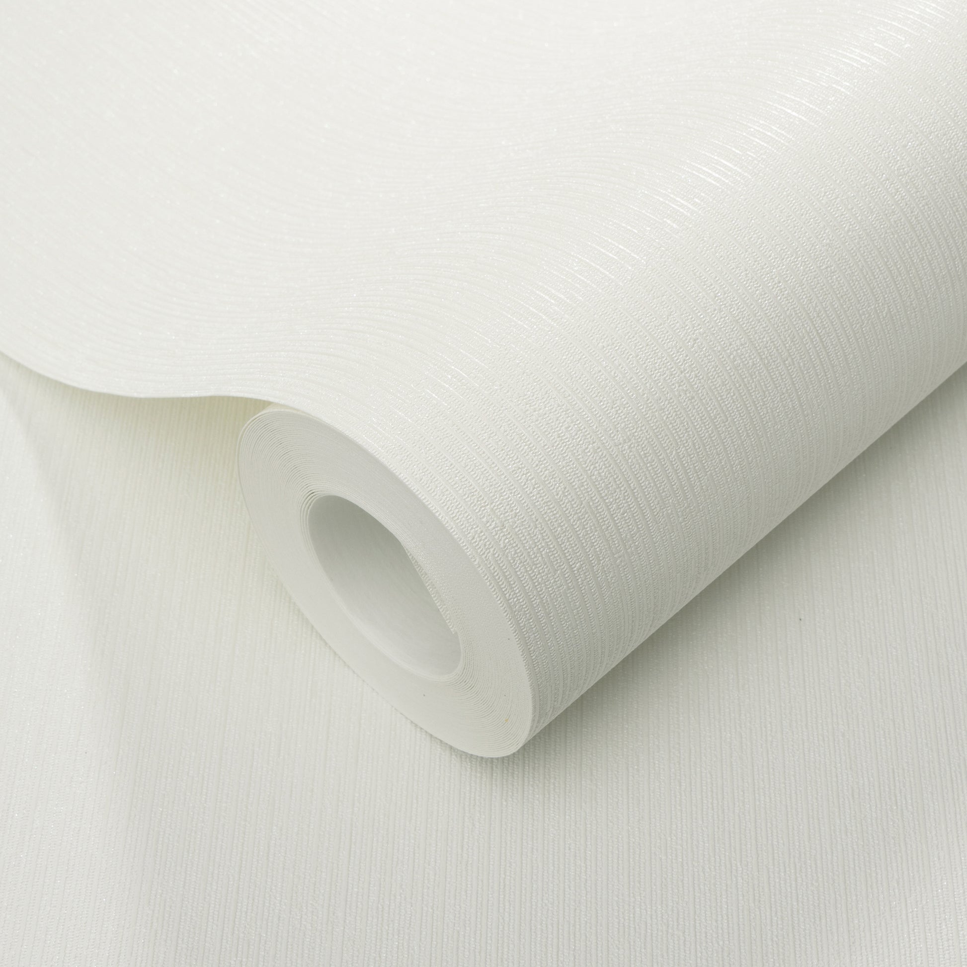 White textured wallpaper roll with fine linear pattern, rolled on a hollow core for wall decor.