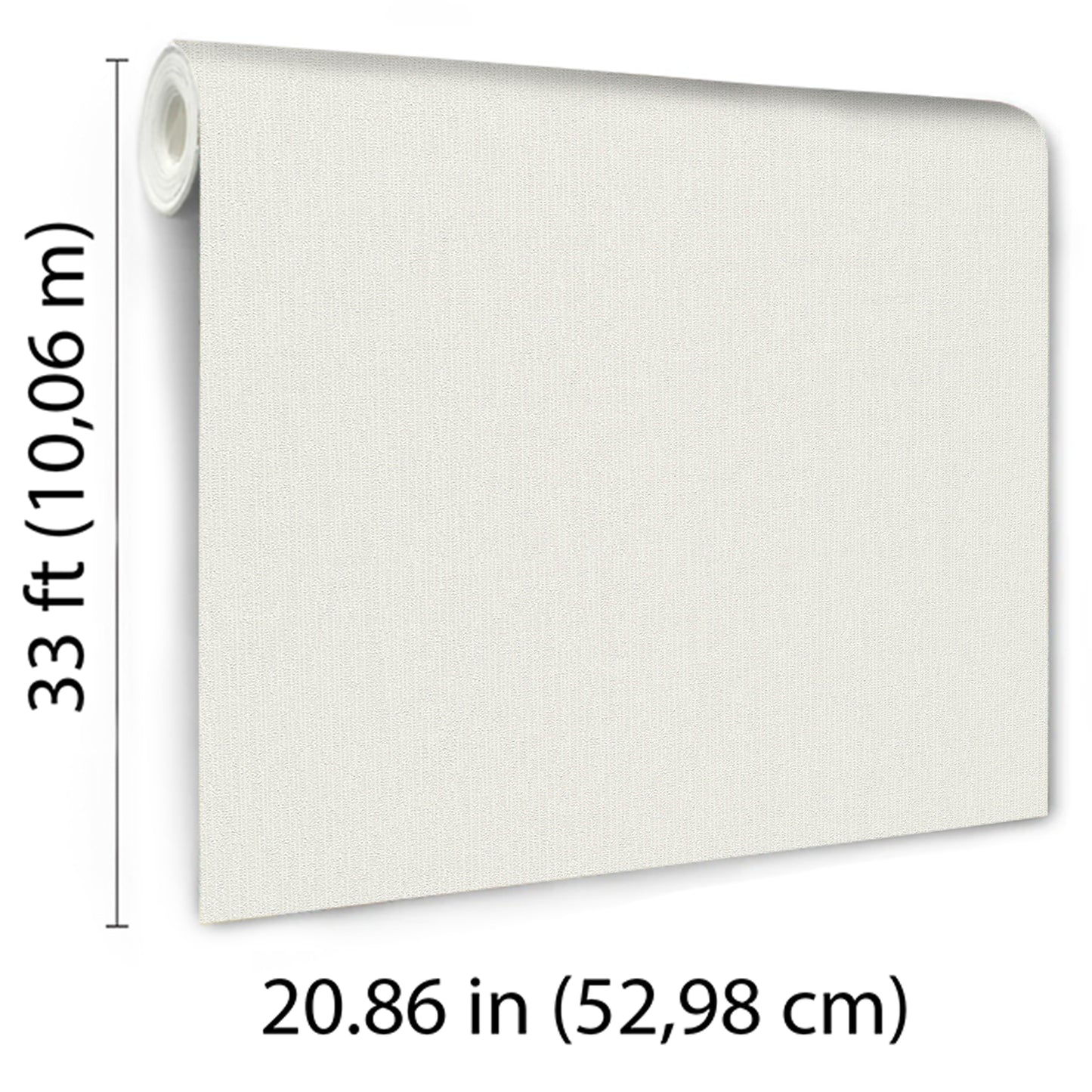 White textured wallpaper roll with fabric finish, partially unrolled on wall; 33 ft long by 20.86 in wide.