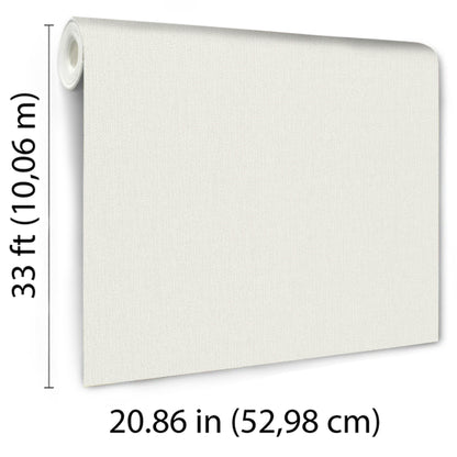 White textured wallpaper roll with fabric finish, partially unrolled on wall; 33 ft long by 20.86 in wide.