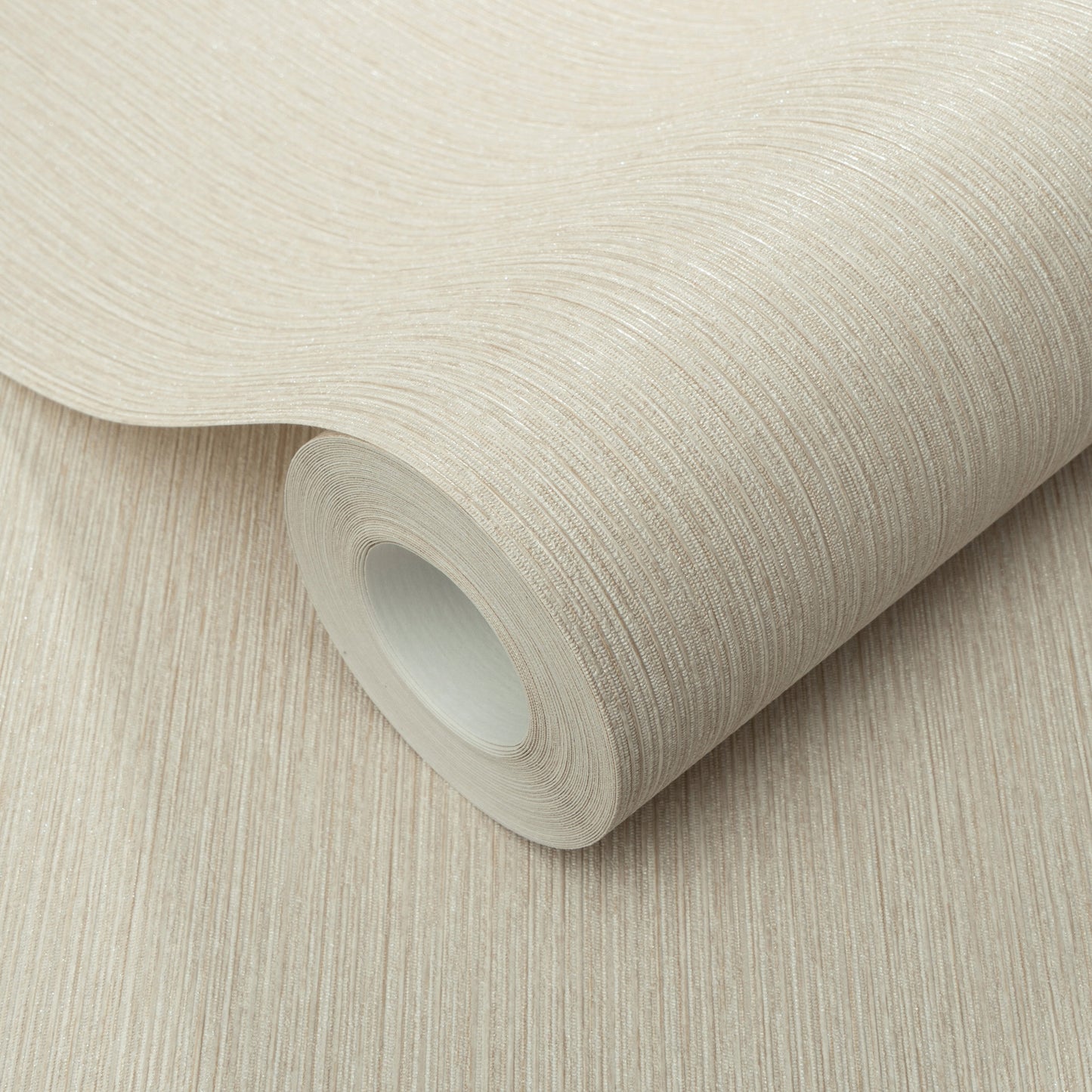 Cream beige textured wallpaper roll with fine woodgrain-like linear pattern, rolled edge visible.