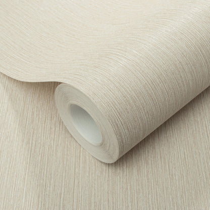 Cream beige textured wallpaper roll with fine woodgrain-like linear pattern, rolled edge visible.